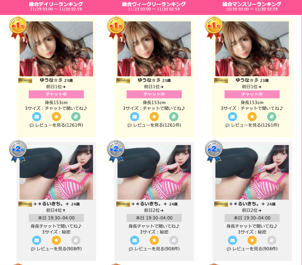 人気の女性を見たい方は、ランキングがおすすめ!総合ランキングやデイリー、ウィークリーが表示されます。