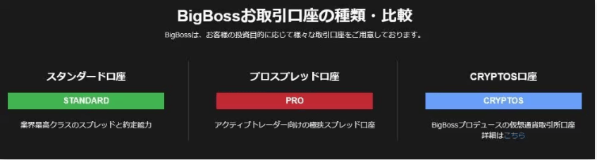 BigBossお取り引き口座の種類・比較